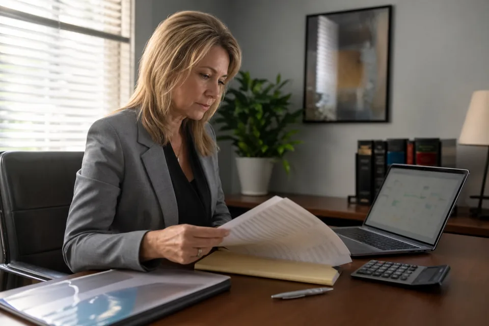 Solo attorney balancing a trust ledger and a consultation calendar at a tidy desk
