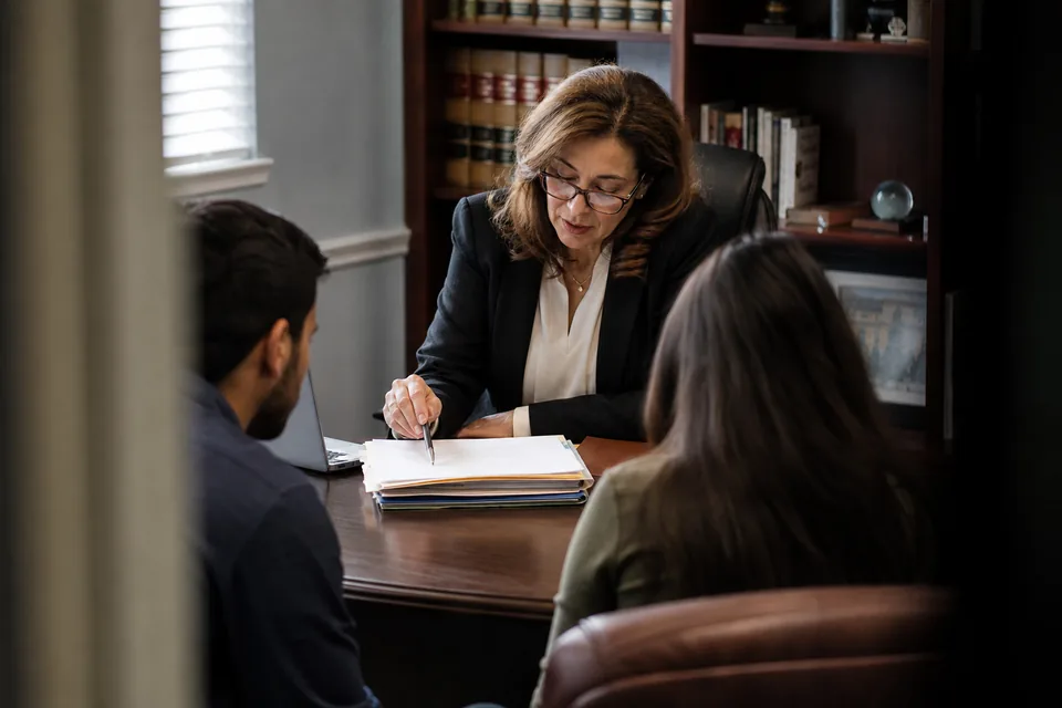 Immigration attorney meeting a couple for a first consultation in a small office