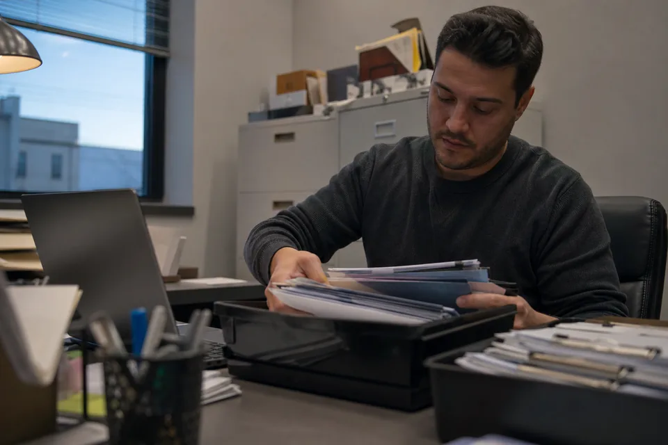 Immigration paralegal sorting client documents beside a laptop in a small law office