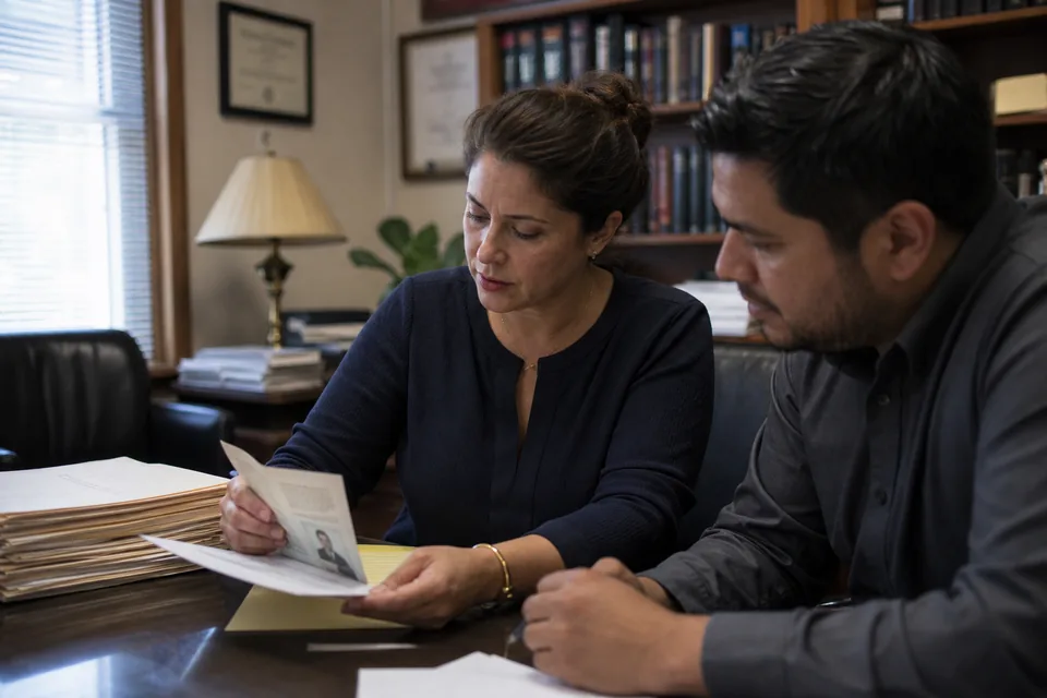 Immigration attorney reviewing a client's passport copy and a government notice with a paralegal at a conference table