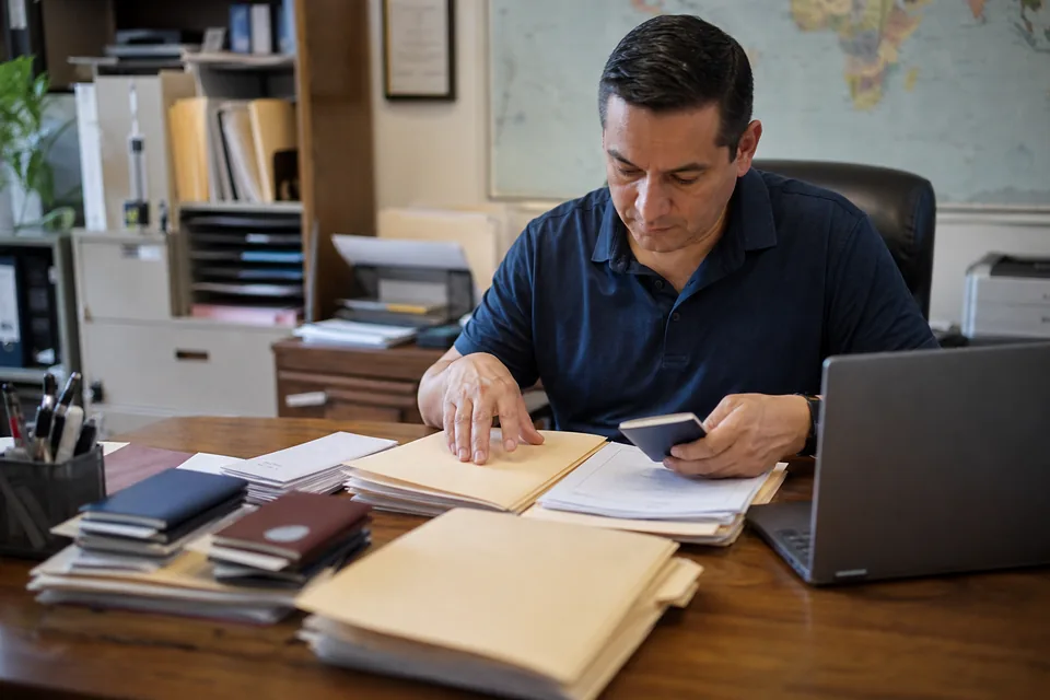Immigration paralegal organizing a family's case documents into folders at a wooden desk
