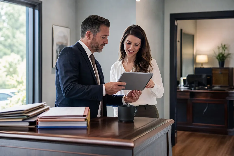Attorney and legal assistant checking the consultation calendar on a tablet at the front desk of a small law office