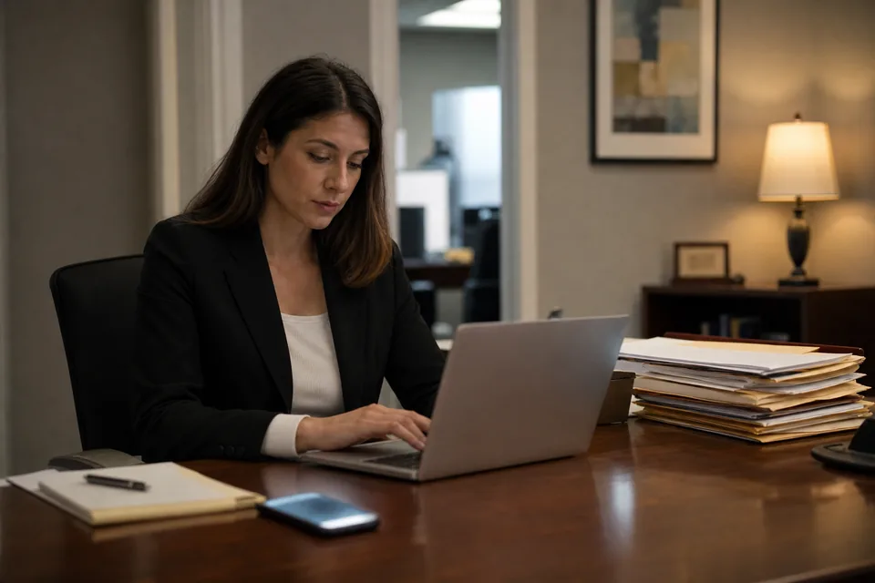 Paralegal working through law firm files and billing on a laptop in the evening, phone on the desk