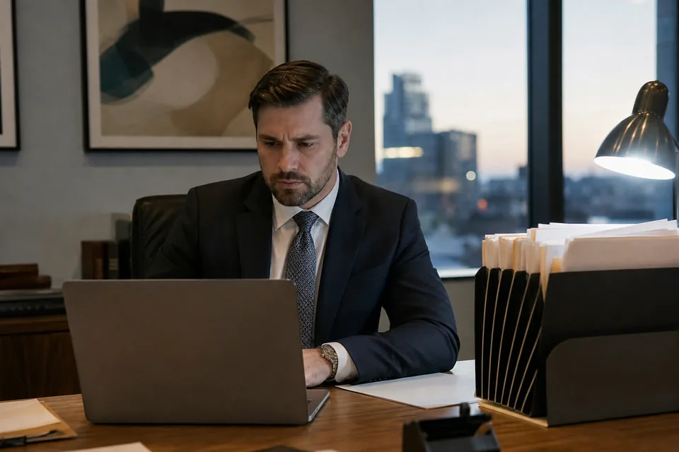 Family law attorney reviewing a new client inquiry on a laptop in a small office at dusk