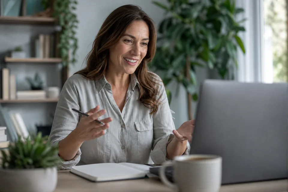 Business coach on a video discovery call with a prospective client from a home office