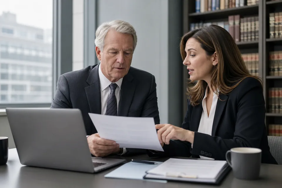 Two law firm partners discussing a software renewal quote at a conference table