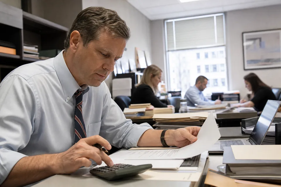 Managing attorney reviewing a per user software bill with a calculator