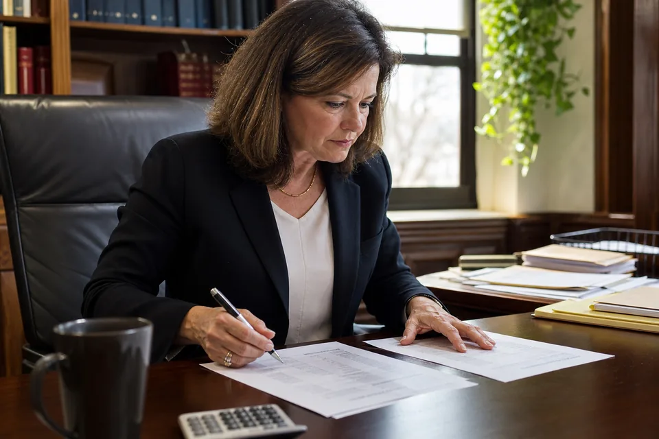 Managing attorney comparing two printed software quotes at her desk with a calculator