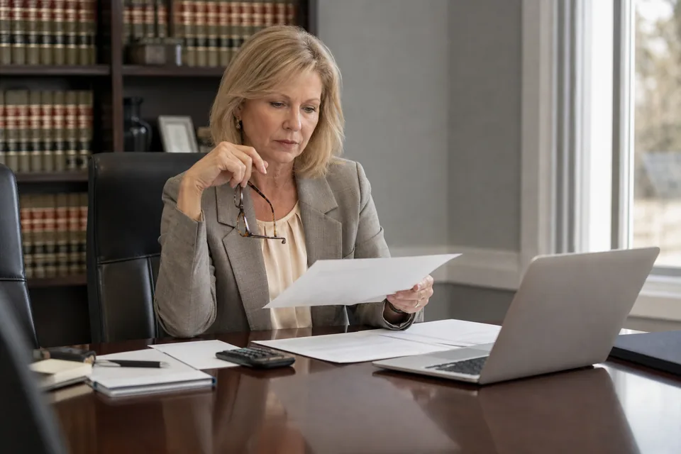 Managing partner comparing practice management software quotes with a calculator at a conference table